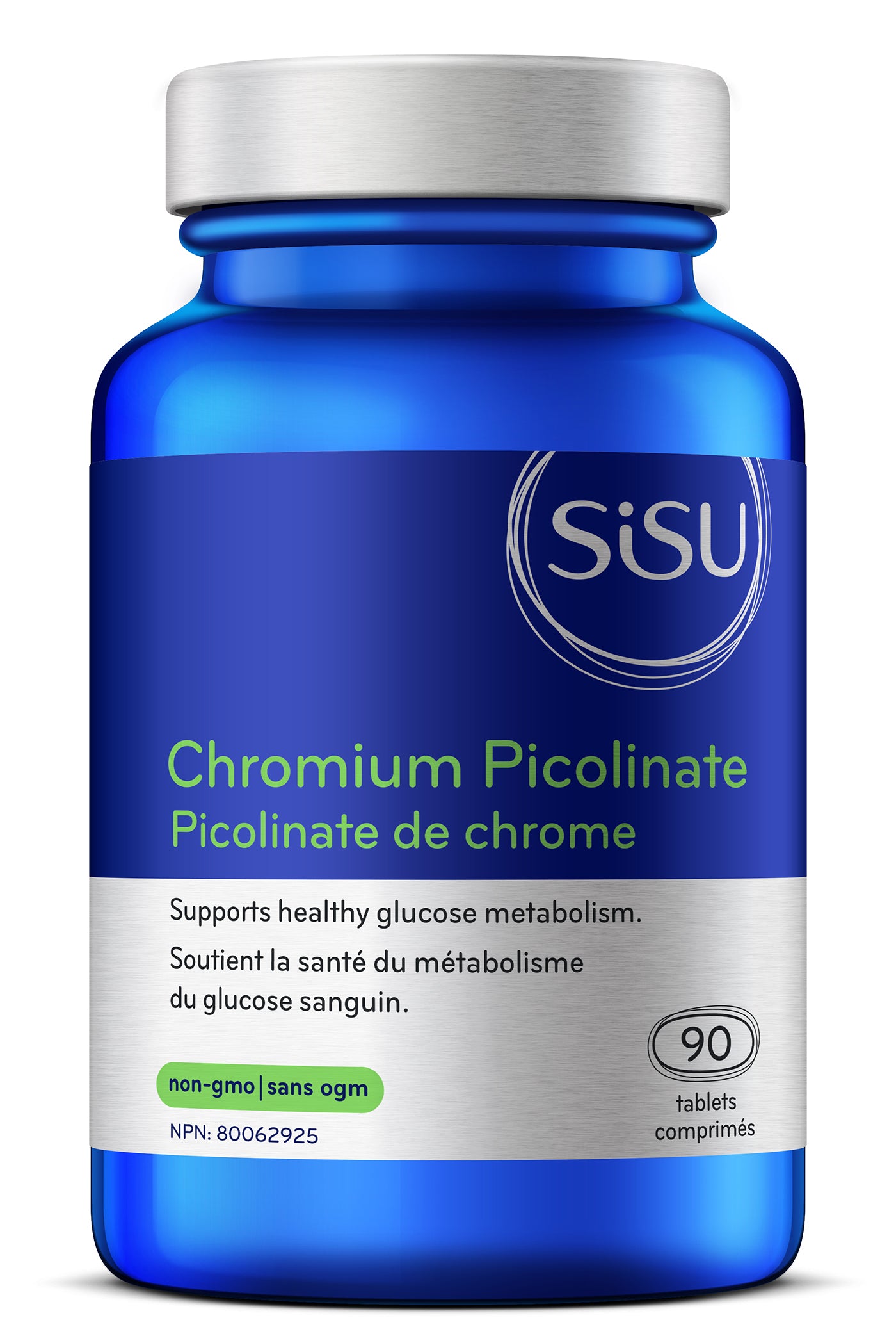 A blue bottle of SISU Chromium Picolinate, 90 vcaps, with a label that supports healthy blood sugar balance and metabolism.