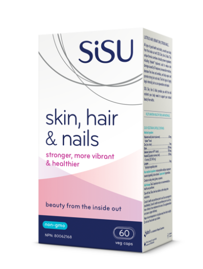 A box of SISU Skin, Hair & Nails supplements with 60 vegetable capsules. The packaging is predominantly pink and white with text and graphics highlighting the product's benefits for skin, hair, and nails.