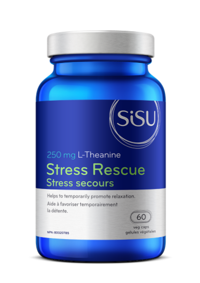 A blue bottle of SISU Stress Rescue L-Theanine 250mg with 60 vegetable capsules.