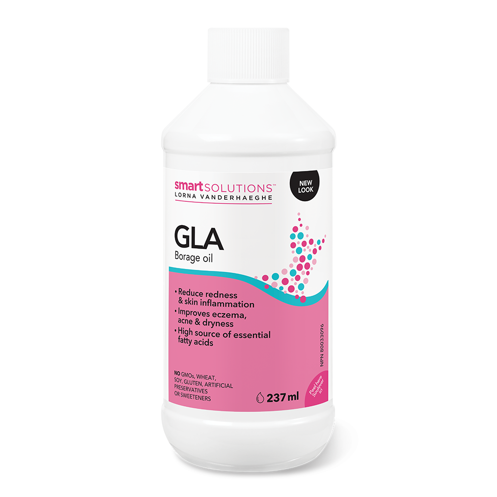 A bottle of Lorna Vanderhaeghe GLA Skin Oil (237mL) with white and pink label, indicating it is a dietary supplement for skin health.