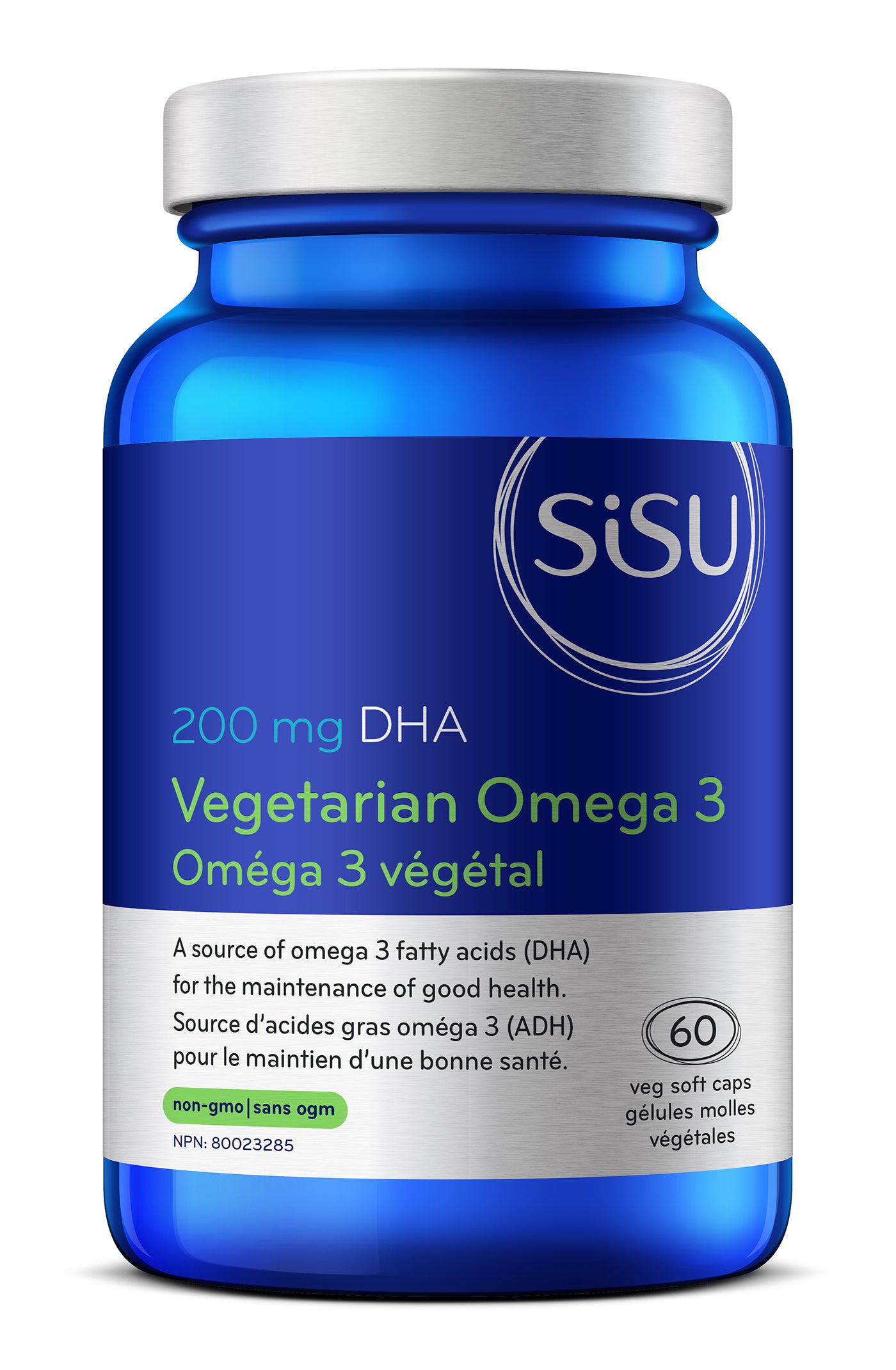 A bottle of SISU Vegetarian Omega 3 supplements with 200 mg DHA, containing 60 capsules, in a blue and white packaging.
