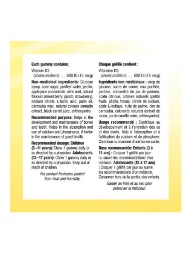 Sesame Street Vitamin D3 600 IU-Mixed berry, Peach and Strawberry, 180 gummies ingredients
