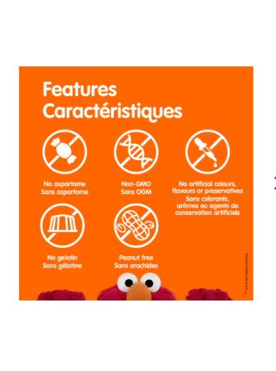 Sesame Street Vitamin D3 600 IU-Mixed berry, Peach and Strawberry, 180 gummies features