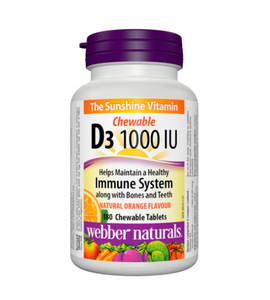 Webber Naturals Vitamin D3, 1000IU Orange Flavour, 180 Chewable Tablets