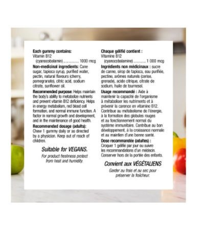 Webber Naturals Vitamin B12 1000 mcg, Cherry Pomegranate, 60 gummies