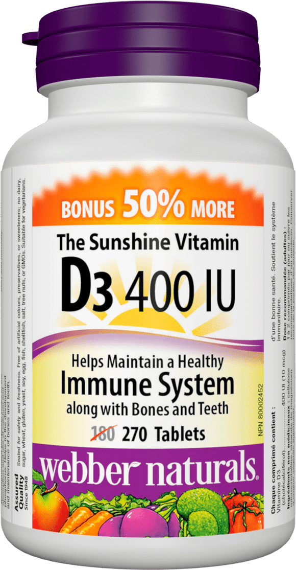 Webber Naturals Vitamin D3 （ 400IU） Bonus 50% more, 270 tablets