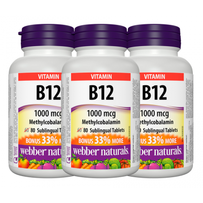 [Promotional Item] 3x Webber Naturals B12, 1000 mcg Sublingual (Methylcobalamin), 80 Tablets Bonus Pack
