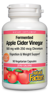 A bottle of Natural Factors Fermented Apple Cider Vinegar & Chromium with 90 vegetarian capsules. The label shows the product name, dosage, and is marked as zero calorie, suitable for vegans and vegetarians.