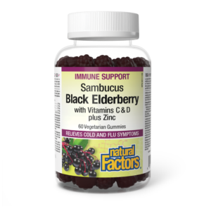 Natural Factors Sambucus Black Elderberry with Vitamins C & D plus Zinc, 60 Vegetarian Gummies