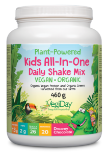 Bottle of Natural Factors Big Friends Kids All-In-One Daily Shake Mix in Dreamy Chocolate flavor, 460g size, with organic and vegan certification logos.