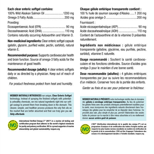 Webber Naturals 野生阿拉斯加三文魚油，200毫克EPA/DHA， 220粒腸溶膠囊