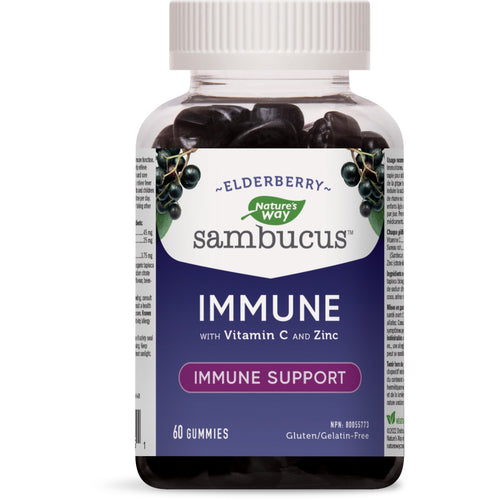 A bottle of Nature's Way Sambucus Immune Support gummies, with the label indicating that they contain Vitamin C and Zinc for immune support, and that they are gluten-free and gelatin-free. The bottle contains 60 gummies.
